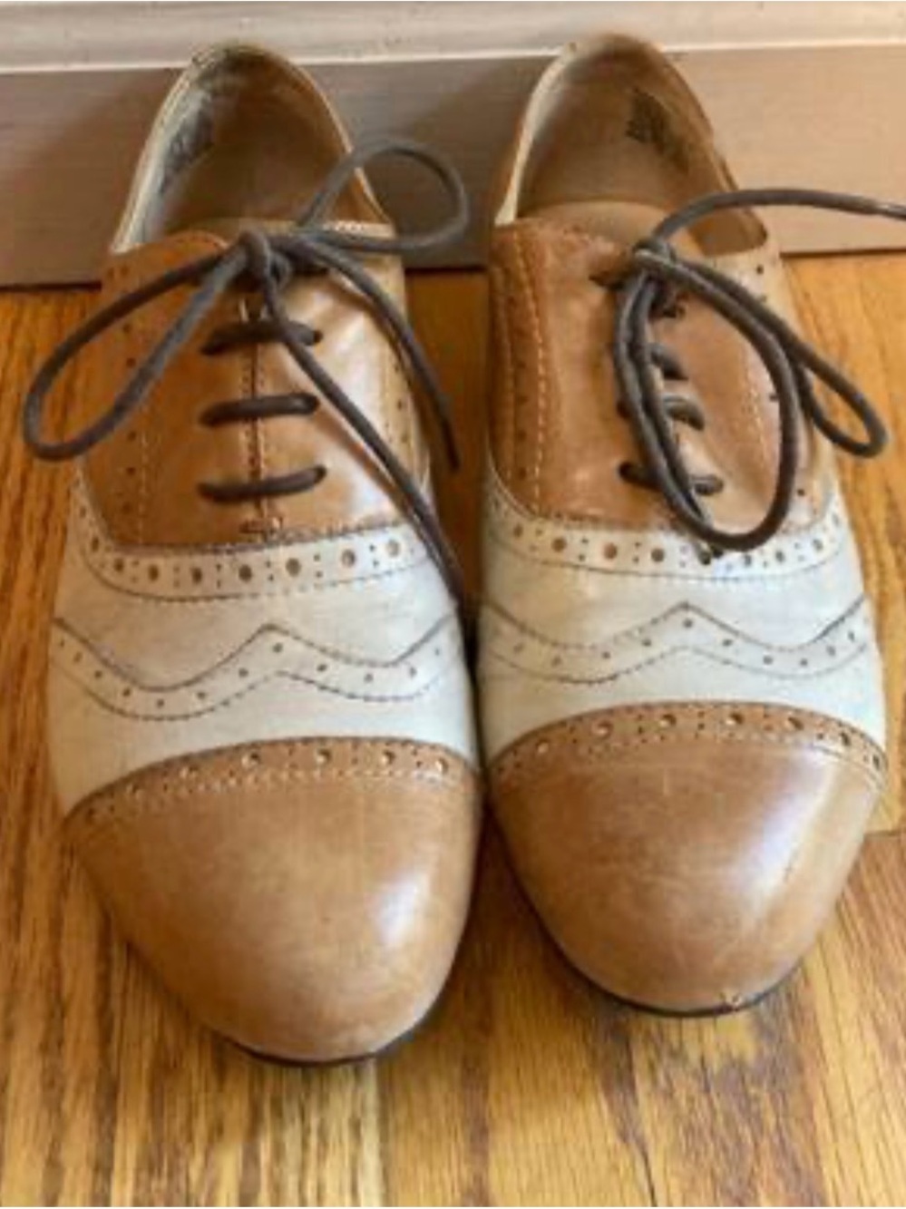 Miz Mooz Tan and Cream Wingtip Spectator Oxfords